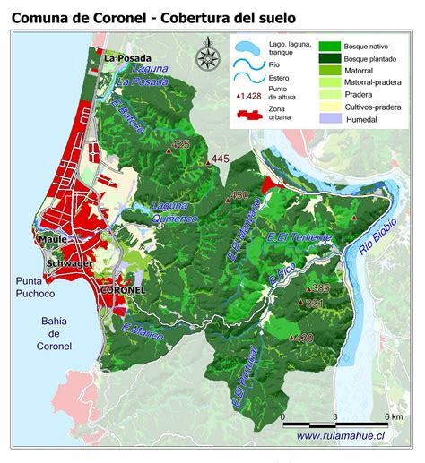 Mapa de la comuna de Coronel con indicación de zonas de riesgo natural