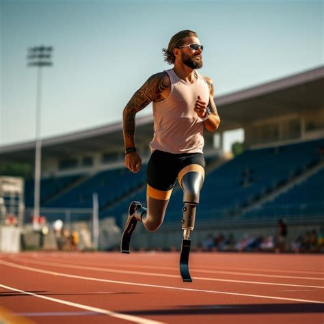 Fotografía de un atleta paralímpico corriendo en pista con prótesis
