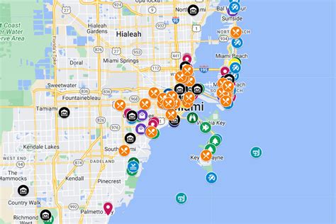 Mapa de Miami con puntos de interés cercanos a un centro para mayores