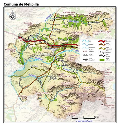 Mapa de la comuna de Melipilla con puntos de interés resaltados
