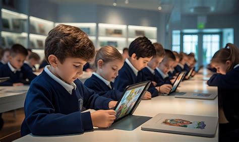 Ilustración de niños usando tecnología inclusiva en un aula