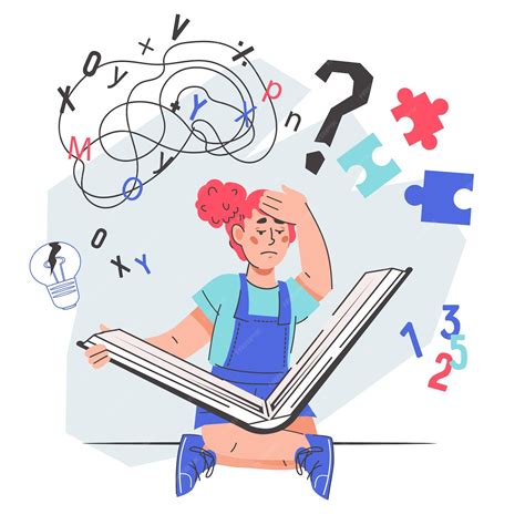 Ilustración: Niños mostrando diferentes tipos de dificultades de aprendizaje (lectura, escritura, matemáticas, atención)