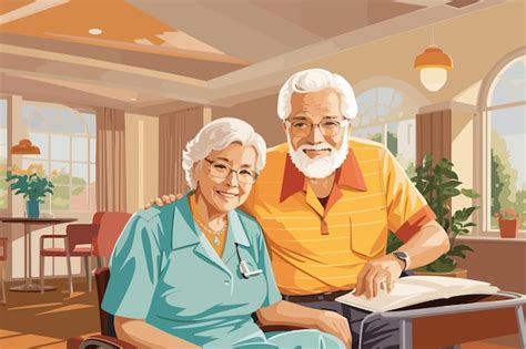 Ilustración de ancianos interactuando con personal del hogar, representando los valores de amor y servicio.