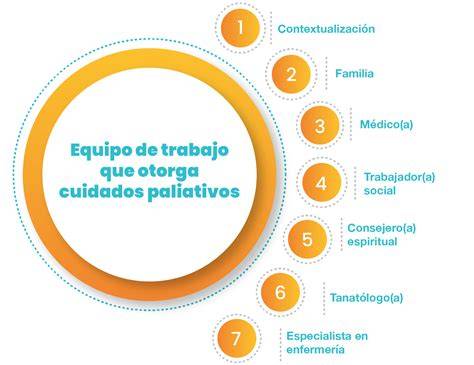 Infografía: Esquema de un equipo multidisciplinario en cuidados paliativos y fases de atención