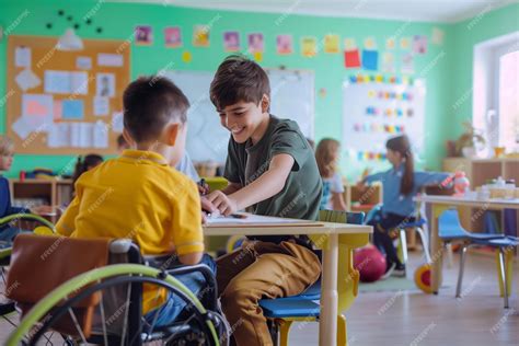 Fotografía de un aula inclusiva donde niños con diversas habilidades interactúan y aprenden juntos con el apoyo de un docente.