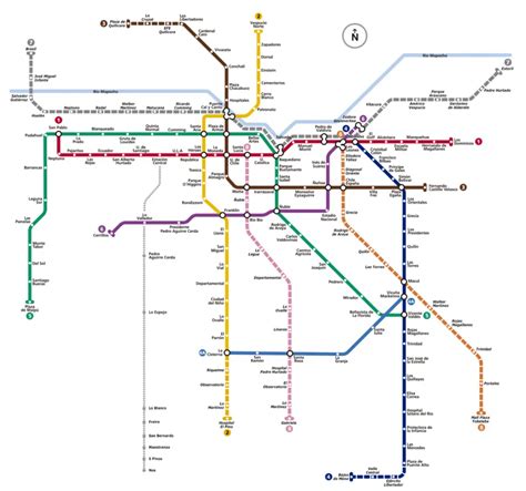 Esquema de las líneas de metro de Santiago con las estaciones que tienen oficinas de atención al cliente resaltadas