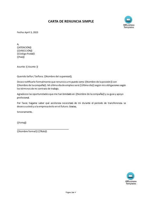 Plantilla de carta de renuncia formal con espacios para rellenar.