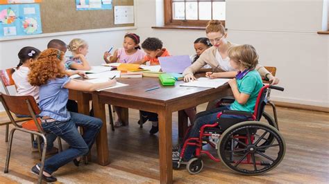 Foto de un aula inclusiva con niños interactuando y adaptaciones