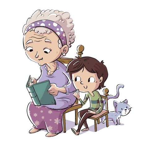 Ilustración de una abuela leyendo un libro a su nieto.