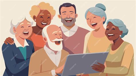 Ilustración de un grupo diverso de adultos mayores participando activamente en una actividad grupal.