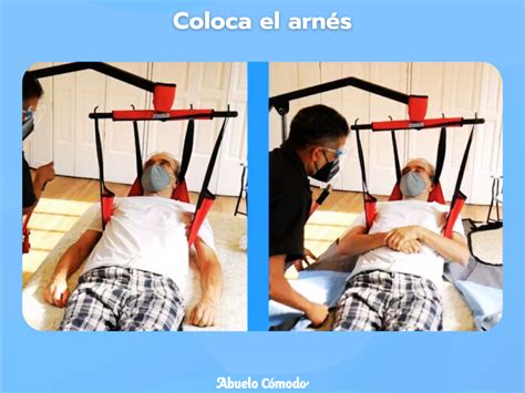 Pasos ilustrados para colocar el arnés a un paciente