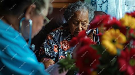 Ilustración médica que muestra a un paciente mayor siendo atendido en su hogar por personal médico y rodeado de su familia.