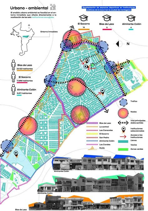 Mapa de implantación urbana y vistas de la fachada integrándose con el entorno residencial existente.