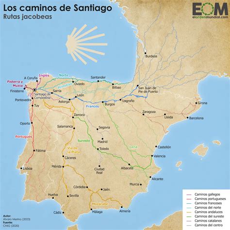 Mapa de la ruta del Camino de Santiago con puntos históricos de hospicios