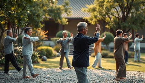 Fotografía de adultos mayores participando en una clase de yoga o tai chi al aire libre, fomentando la actividad física y el bienestar social