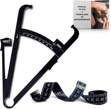 Ilustración de un calibrador de grasa corporal (plicómetro) y su uso