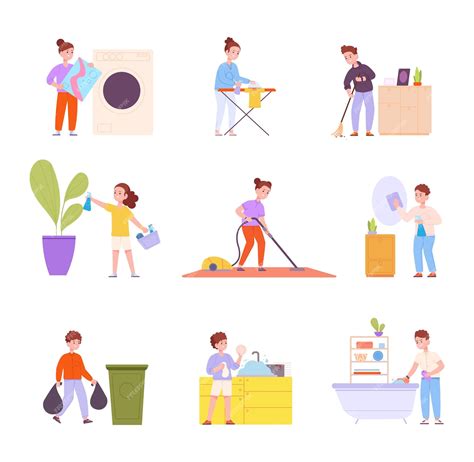 Ilustración de personas realizando tareas domésticas y de cuidado en un hogar