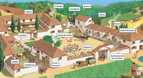 Recreación de una villa romana con sus distintas partes funcionales