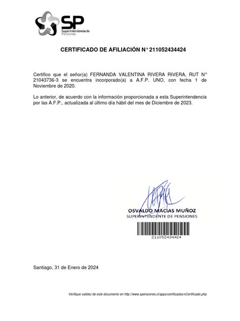 Documento de ejemplo de un certificado de afiliación AFP