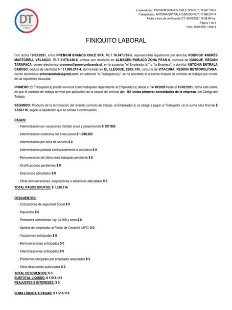 Esquema de componentes de un finiquito laboral en Chile