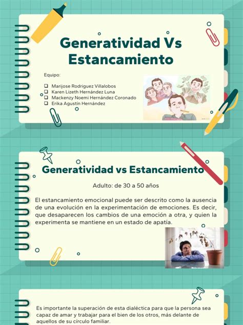Infografía comparativa: Generatividad (crecimiento, cuidado, legado) vs. Estancamiento (aislamiento, ensimismamiento, frustración).