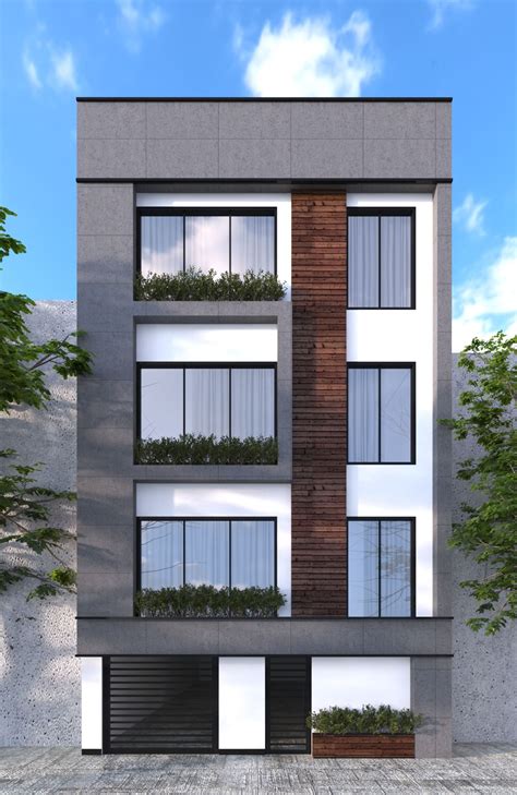 Foto de fachada moderna de un edificio de apartamentos con jardines