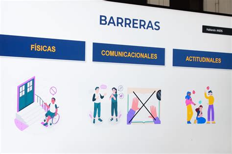 Ilustración que muestra diferentes tipos de barreras (físicas, de comunicación, actitudinales) que enfrentan las personas con discapacidad.