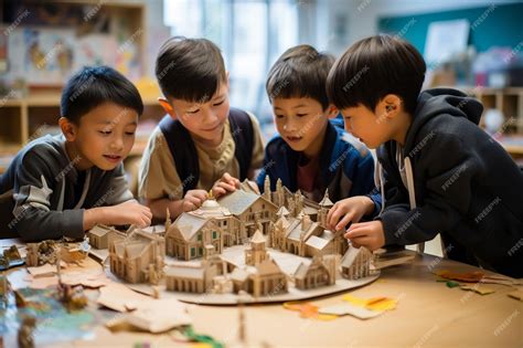 Grupo de niños, incluyendo uno con bastón blanco, colaborando en una actividad escolar