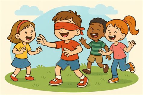 Ilustración de niños jugando al aire libre con juegos tradicionales adaptados, como un laberinto táctil.