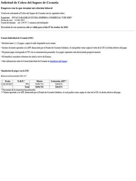 Esquema del flujo de solicitud y cobro del Seguro de Cesantía