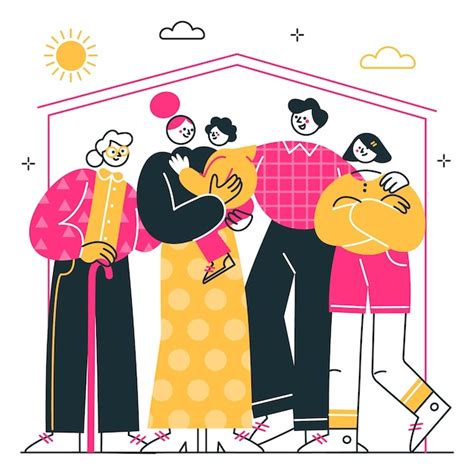 Ilustración de una familia multigeneracional interactuando felizmente.