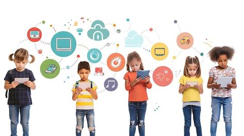 fotografía de niños usando computadoras y dispositivos móviles