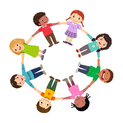 Niños en círculo tomados de las manos, colaborando en un juego.
