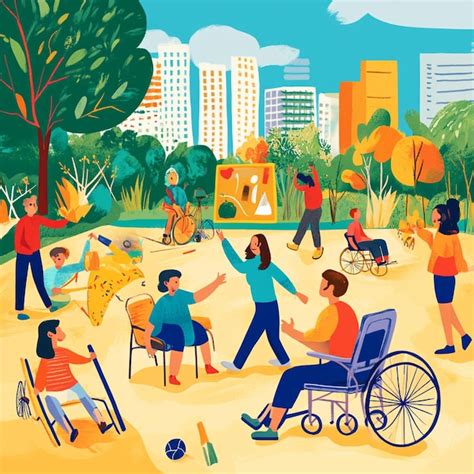 Ilustración de niños y adolescentes con discapacidad participando en actividades de Educación Física escolar, con énfasis en el apoyo de padres y amigos.