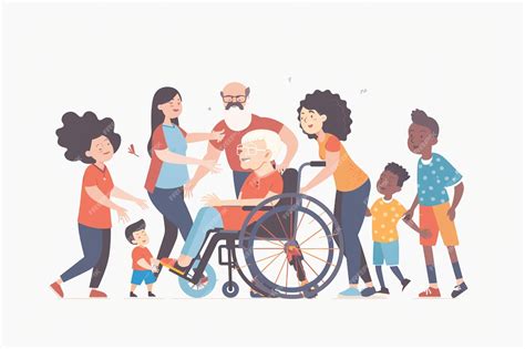 ilustracion de un grupo diverso de personas, incluyendo algunas con movilidad reducida, usando lenguaje de signos, y con guías, interactuando en un entorno accesible