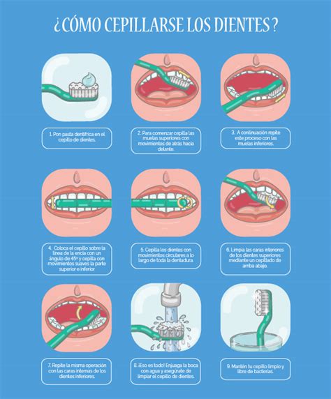 Esquema detallado de cómo cepillarse los dientes correctamente y usar el hilo dental