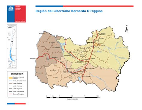 mapa de la Región del Libertador General Bernardo O’Higgins destacando comunas como Mostazal