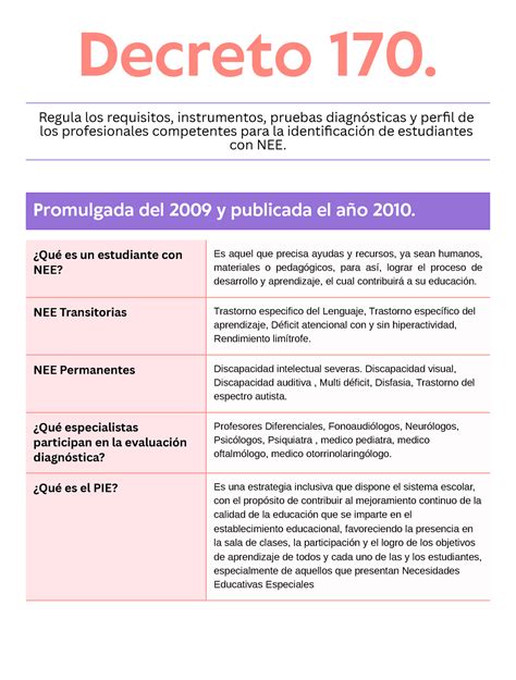 Esquema de las etapas de aplicación del Decreto 170 en el ámbito educativo chileno