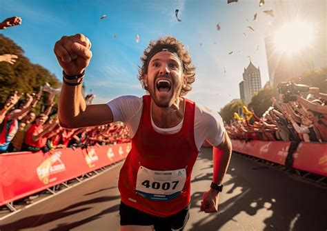 Fotografía de Álex Roca cruzando la meta de un maratón con una gran sonrisa