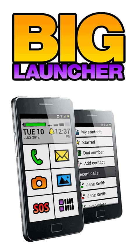 Capturas de pantalla que muestran la interfaz de BIG Launcher, BIG Phone y BIG SMS, destacando el tamaño de los iconos y el texto.