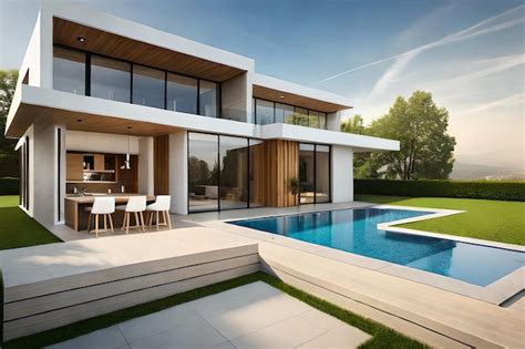 Foto de una persona cuidando una casa moderna con piscina y jardín