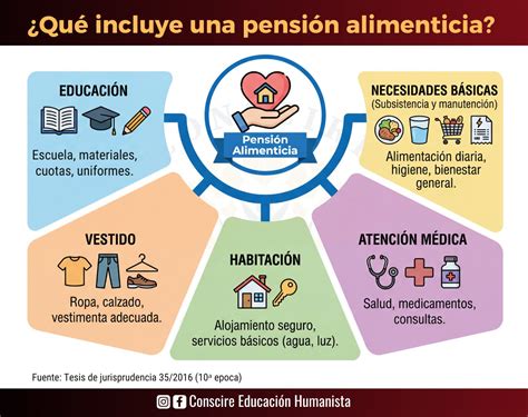 Esquema de los componentes básicos cubiertos por la pensión alimenticia: salud, educación, vivienda y alimentación.