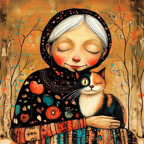 Ilustración de una anciana y su gato gordo en un entorno hogareño acogedor.