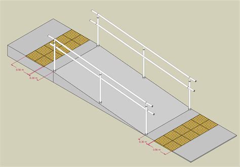 Esquema de las fases de construcción de una rampa accesible, desde la preparación del terreno hasta la instalación de barandales y señalización.