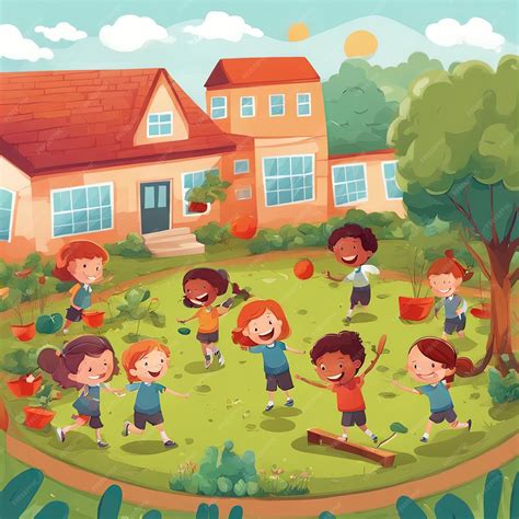 Ilustración de niños jugando en un jardín infantil, con educadores interactuando