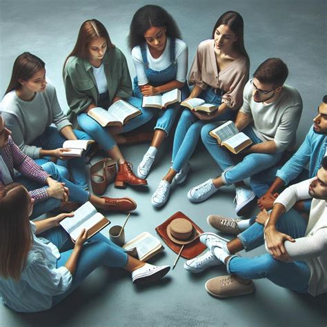 Ilustración de jóvenes y ancianos interactuando en la iglesia, leyendo la Biblia juntos o compartiendo una comida.