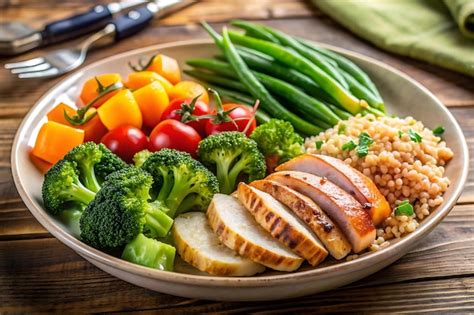 Plato de comida saludable y equilibrada con proteínas, verduras y carbohidratos