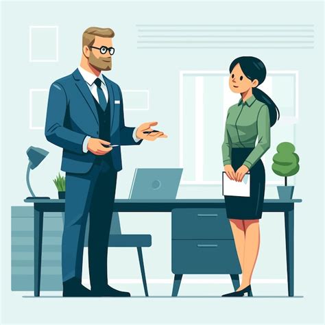 Ilustración: Empleado con discapacidad conversando con su jefe en un entorno de oficina inclusivo.