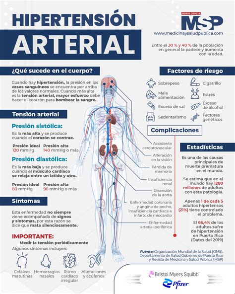 Infografía que ilustra los principales órganos afectados por la hipertensión arterial y las complicaciones asociadas.