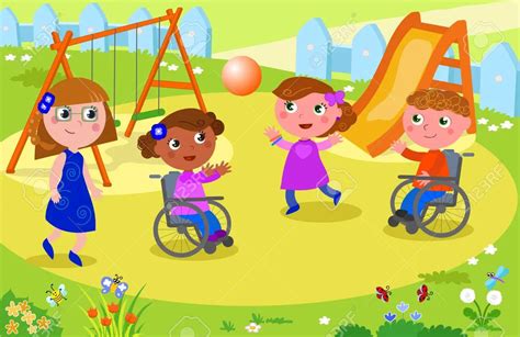 ilustracion de niños con y sin discapacidad jugando juntos en un entorno escolar inclusivo